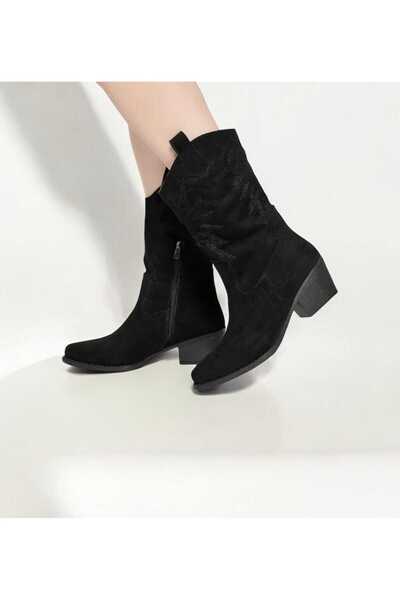 BUSENİNSHOES Siyah Süet Fermuarlı Topuklu Kadın Western Bot Çizme