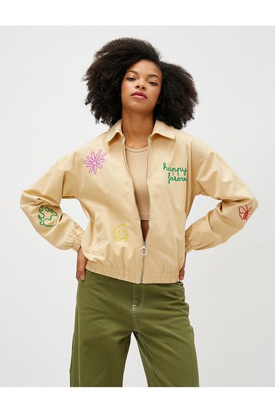 Koton Bomber Jacket με φερμουάρ σλόγκαν Κεντημένη τσέπη με λεπτομέρειες από βαμβάκι