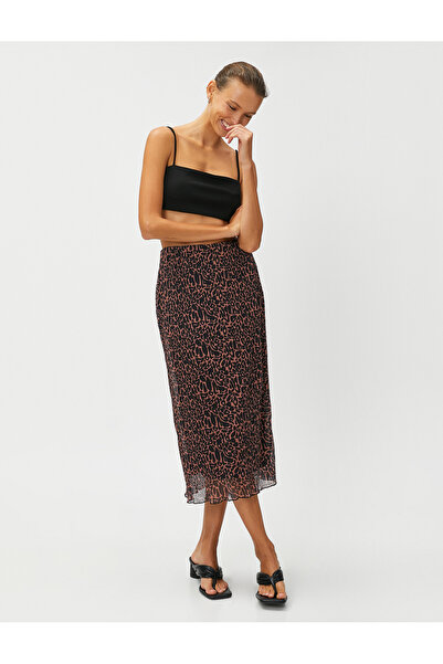 Koton Fustă midi plisată din șifon cu model leopard, cu fantă