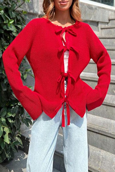 Cockatoo Kadın Önü Bagcıklı Yuvarlak Yaka Hırka Kırmızı