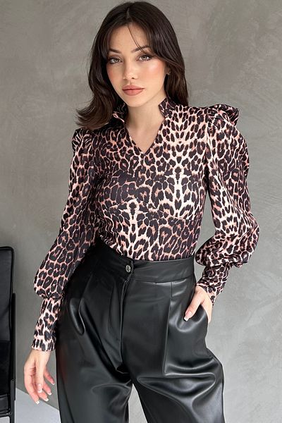 Fav Style Black Leopard Print - Bluză de damă cu mânecă lungă cu guler judecător