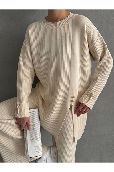 Lusin Women's Ribbed Button Detailed Sweater Blouse Pants Bottom Top Double Knitwear Set