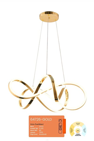 HMS TİCARET 64726-GOLD KUMANDALI DİMLİ ÜÇ 3 IŞIK RENKLİ LED AVİZE LED TAVAN L...