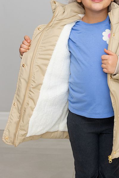 Mika Bebek & Çocuk Beige Girls' Coat with Pompom and Fur Hooded