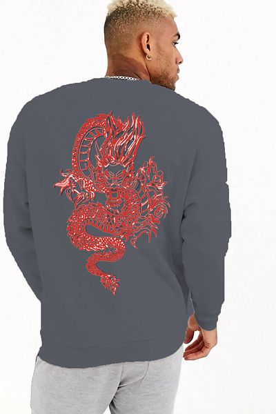 Pasage Trend Nice Oversize Front Dragon Printed Black Sweatshirt