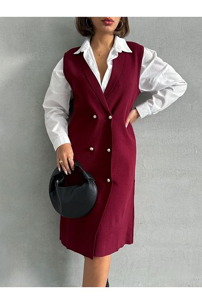 Lusin Cardigan din tricot premium roșu Claret - Palton lung pentru femei cu nasturi