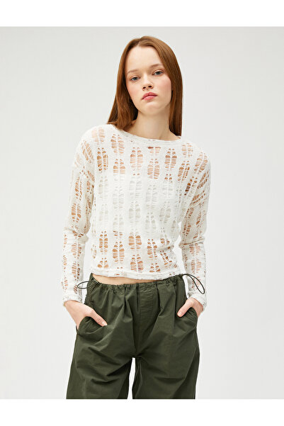 Koton Long Sleeve T-Shirt Mesh Crop Crew Neck Openwork