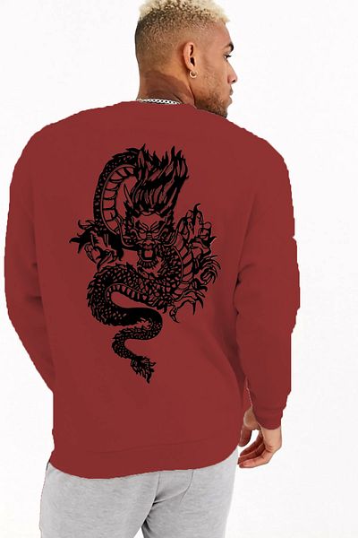 Pasage Trend Nice Oversize Front Dragon Printed Black Sweatshirt