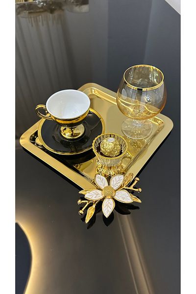 USD HOME Ανοξείδωτος τετράγωνος δίσκος παρουσίασης καφέ με 6 χρυσά αξεσουάρ Daisy
