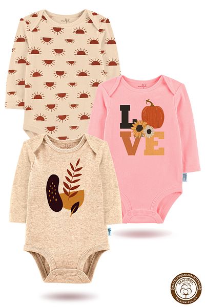 MAHFEL 100% Cotton 3-Piece Organic Printed Snap Fastener Baby Bodysuit