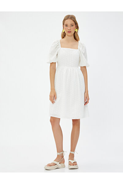 Koton Φόρεμα Scallop Mini Balloon μανίκι τετράγωνο βαμβακερό λαιμό