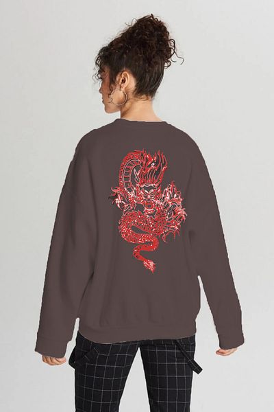 Pasage Trend Nice Oversize Front Dragon Printed Black Sweatshirt