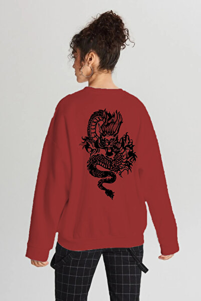 Pasage Trend Nice Oversize Front Dragon Printed Black Sweatshirt