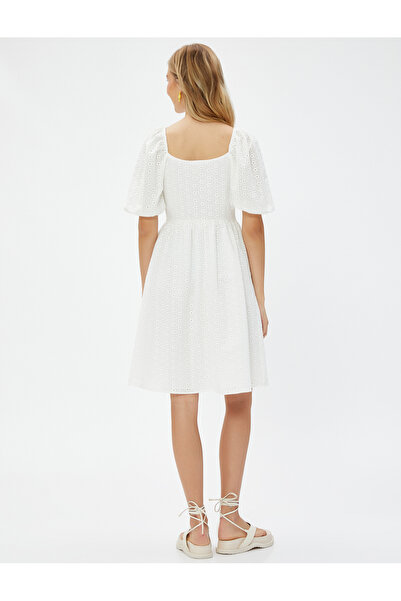 Koton Φόρεμα Scallop Mini Balloon μανίκι τετράγωνο βαμβακερό λαιμό