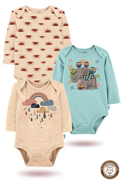 MAHFEL 100% Cotton 3-Piece Organic Printed Snap Fastener Baby Bodysuit