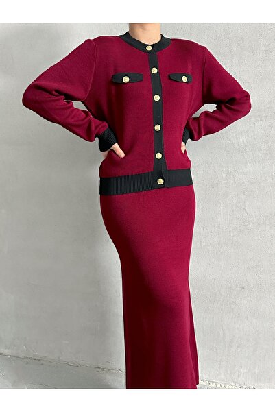 Lusin Women's Burgundy Stylish Pocket Detailed Cardigan Skirt Bottom Top Double Knitwear Set