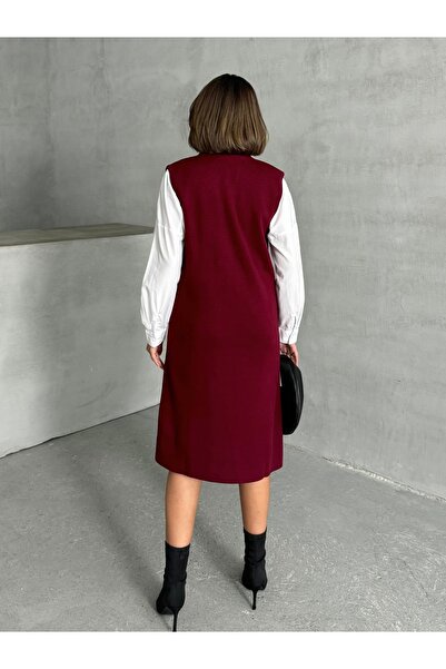 Lusin Burgundy Premium Knitwear Cardigan - Stylish Buttoned Long Women's Coat