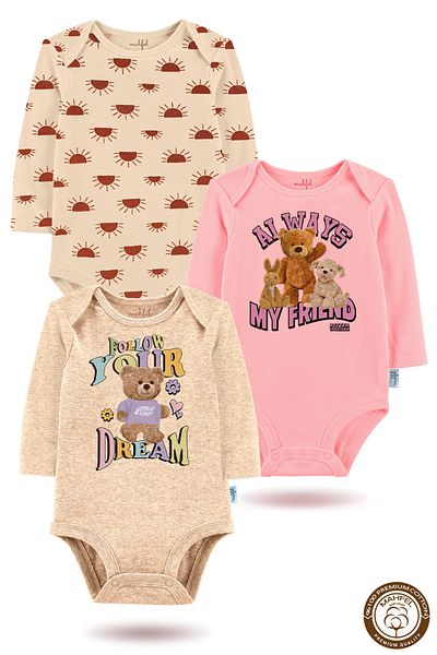 MAHFEL 100% Cotton 3-Piece Organic Printed Snap Fastener Baby Bodysuit