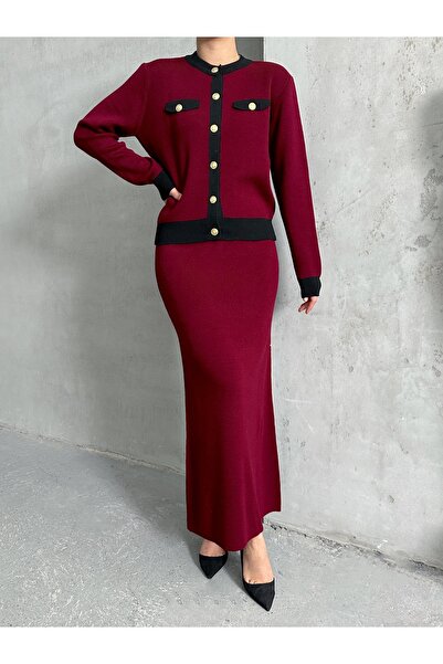 Lusin Women's Burgundy Stylish Pocket Detailed Cardigan Skirt Bottom Top Double Knitwear Set