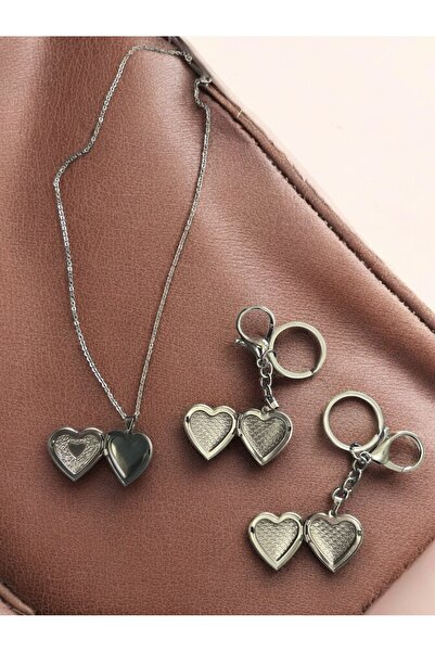 GLANZEND 3'lü Kalp Fotoğraflıklı Kapaklı Anahtarlık Ve Kolye Seti Çift Kolyes...