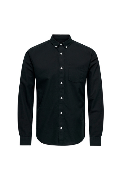 Only & Sons Dar Siyah Düz Erkek Gömlek ONSREMY LS SLIM WASH OXFORD SHIRT
