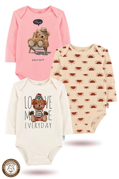 MAHFEL 100% Cotton 3-Piece Organic Printed Snap Fastener Baby Bodysuit