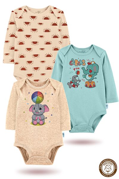 MAHFEL 100% Cotton 3-Piece Organic Printed Snap Fastener Baby Bodysuit