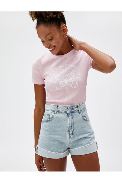 Koton Crop T-Shirt Printed Crew Neck Short Sleeve