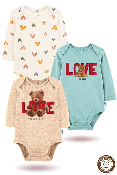MAHFEL 100% Cotton 3-Piece Organic Printed Snap Fastener Baby Bodysuit