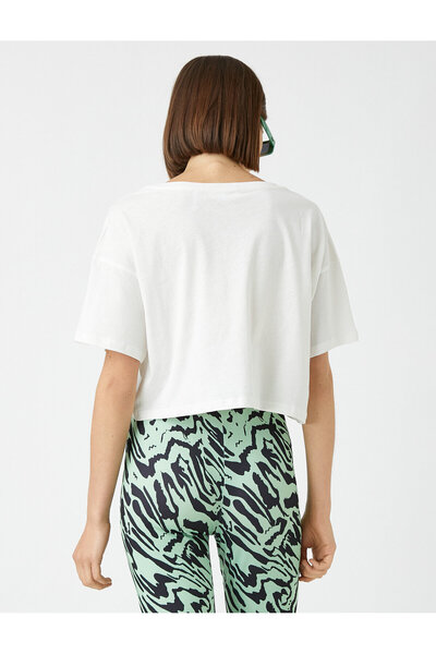 Koton Crop T-Shirt Slogan Potištěný Crew Neck