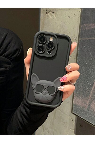 Butik İphone 11 uyumlu kabartmalı siyah pitbull figürlü hayvanlı telefon kılıfı