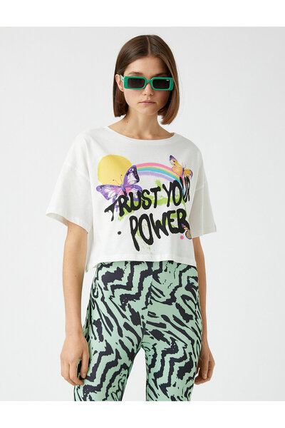 Koton Crop T-Shirt Slogan Potištěný Crew Neck