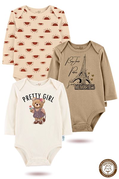 MAHFEL 3-Piece 100% Cotton Organic Printed Snap Fastener Baby Bodysuit