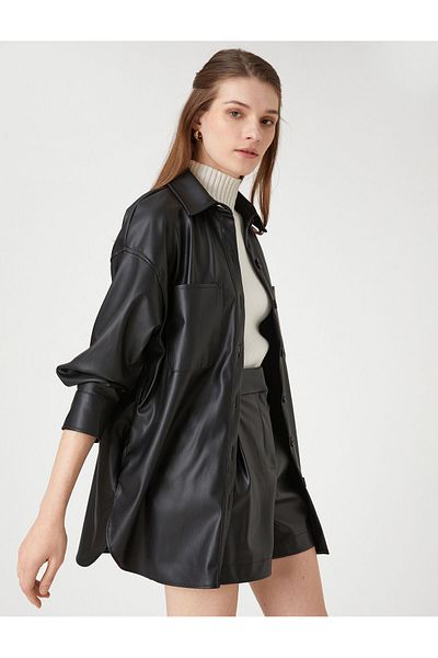 Koton Kunstleder-Hemdjacke mit Tasche, geknöpft