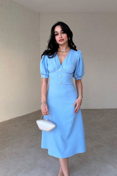 Daem Butik Γυναικείο μαύρο φόρεμα με μπαλόνι με λαιμόκοψη με λεπτομέρεια μίντι μήκους