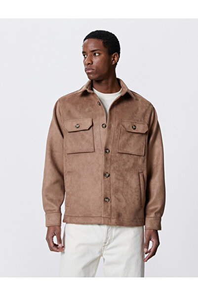 Koton Suede Look Jacket Pocket Detailed Shirt Collar Buttoned