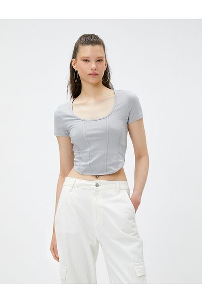 Koton Crop T-Shirt Cotton Round Neck Ribbed Short Sleeve