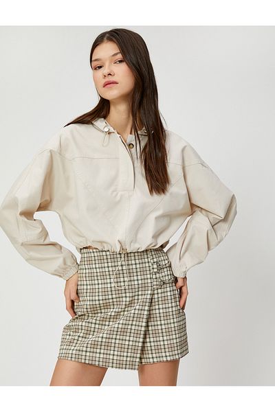 Koton Crop-Bluse mit Kapuze, geknöpft, langärmelig, aus Baumwolle