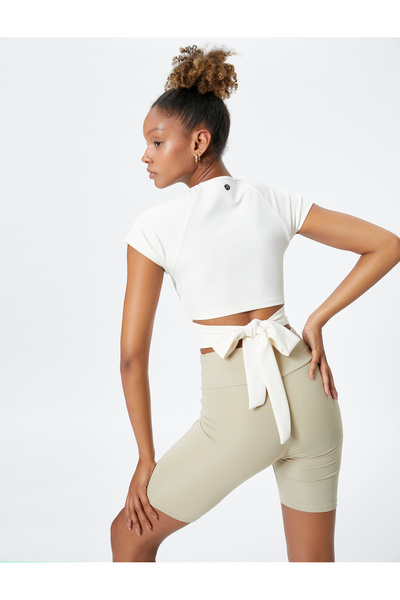 Koton Crop Yoga T-Shirt with Tie Detail, Short Raglan Sleeves
