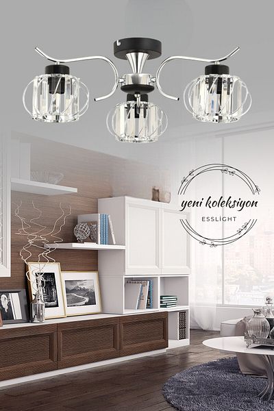 ESSLİGHT Silva 3-Piece Plafonier Chandelier (Crystal Stone) Living Room Bedroom Kitchen Young Room Office