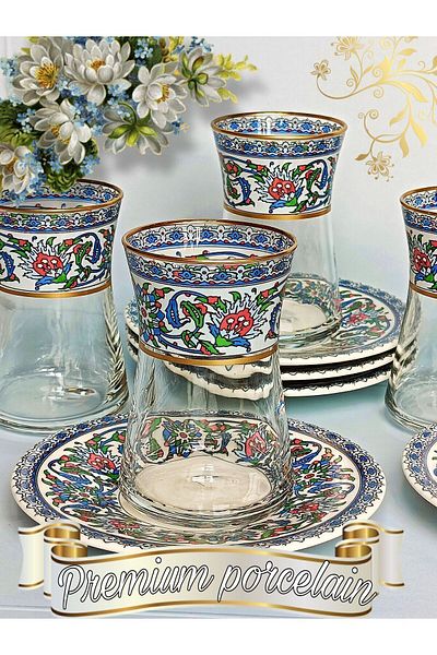 SAMSA Premium Porcelain 6-Person Tea Set - Gold Saddle, Herbal Tile Model, Porcelain Plate and Cup