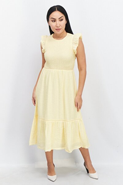 Lost + Wander Women Round Neck Cap Sleeves Textured Midi Dress, Yellow