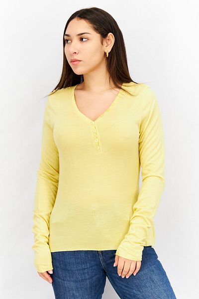 Timberland Women V-neck Long Sleeves Embroidered Logo Blouse, Yellow