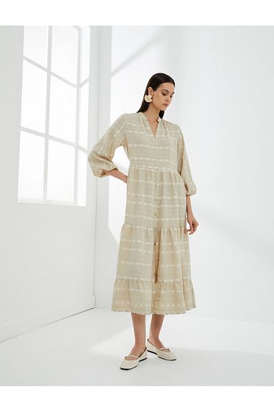 Koton Balloon Sleeve Dress Midi Buttoned Chief Collar
