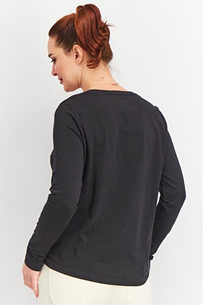 Mustang True Denim Women Round Neck Long Sleeves Graphic Top, Black