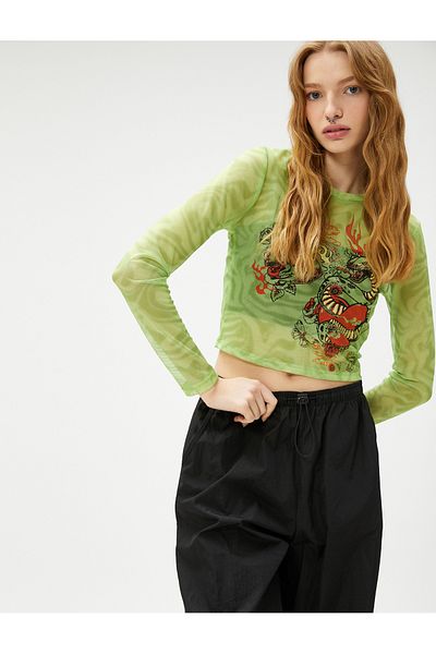 Koton Crop T-shirt με μακρυμάνικο τούλι με στάμπα λαιμόκοψη