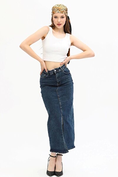 Modaca Kadın Yırtmaçlı Kot Etek Midi Boy Koyu Kar Yıkama