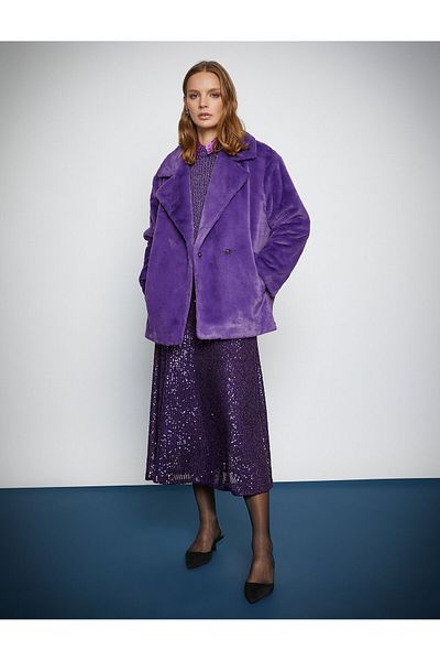 Koton Melis Ağazat X - Short Oversize Plush Coat with Pocket Wrap Design