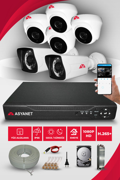 asyanet 6 Kameralı Kare 2 Dış 4 İç Kamera Set 500GB HDD Gece Görüşlü Güvenlik...