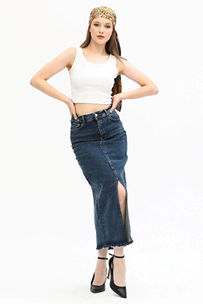 Modaca Kadın Yırtmaçlı Kot Etek Midi Boy Koyu Kar Yıkama